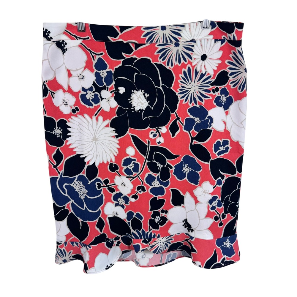 Ann Taylor Factory NWT Floral Flounce Hem Pencil Skirt Coral Navy Blue White 14